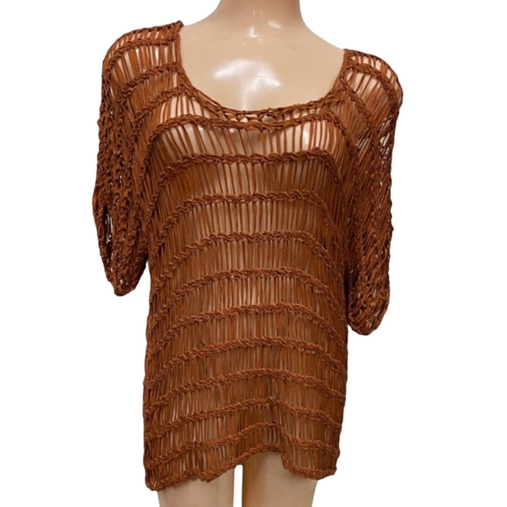 VERTY Open Weave Gauze Boho Top Brown Resort Knit Cover Up Scoop Neck‎ M/L
